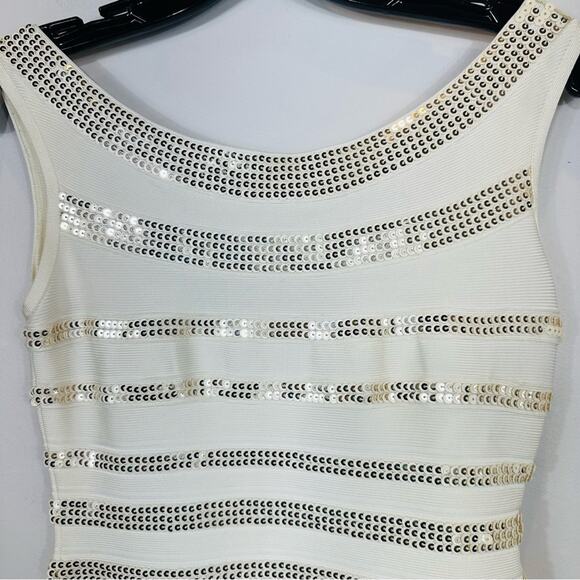 Herve Leger Fatima Gold Sequin Striped Bandage Dress White Alabaster Combo Small - Picture 7 of 16